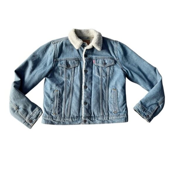 Levi's Women's Sz M Sherpa Lined Cropped Denim Trucker Jacket - Picture 13 of 13
